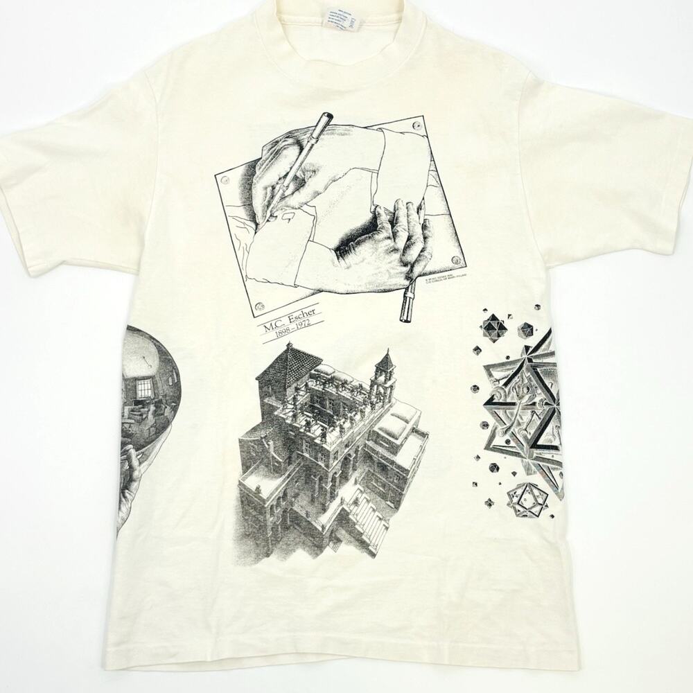 Vintage 80s MC Escher T Shirt AOP Art Graphic Large USA Illusion Single Stitch